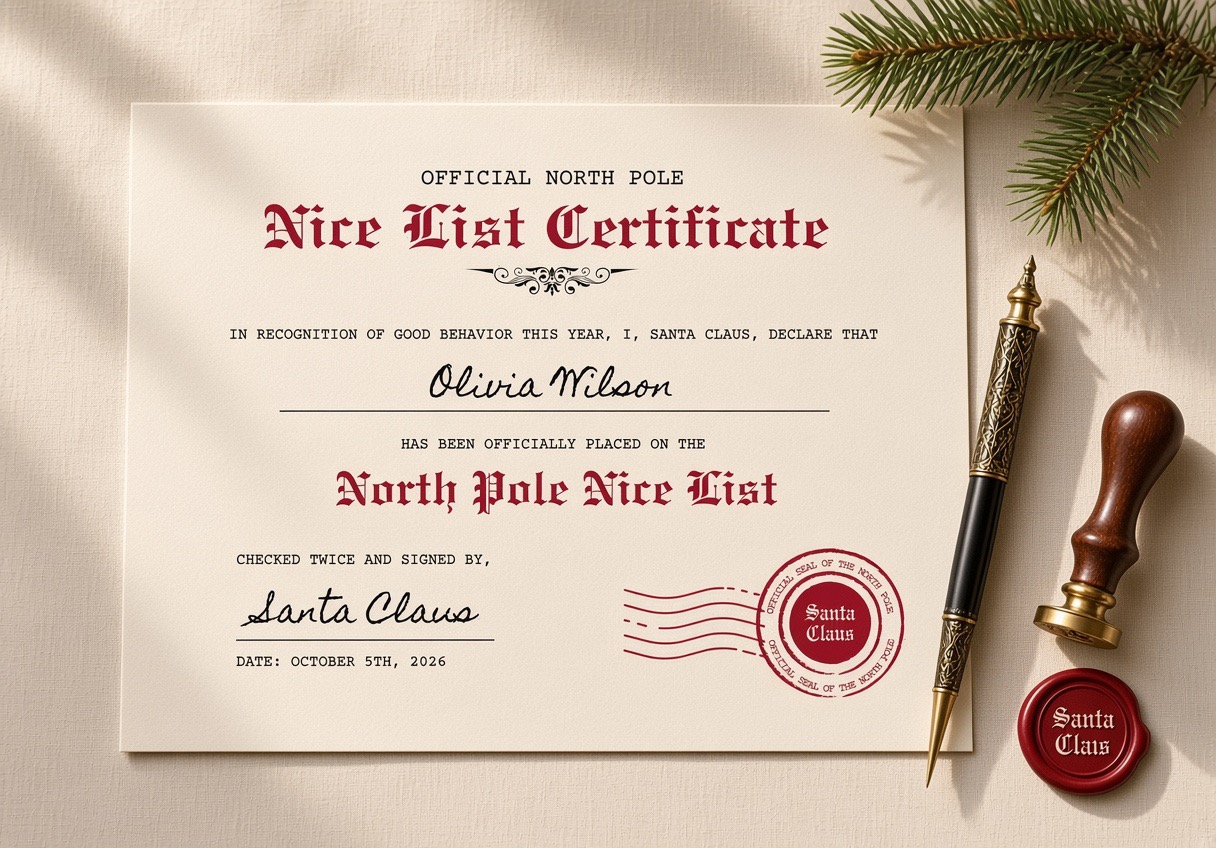 Personalised Official Nice List certificate with Santa’s seal