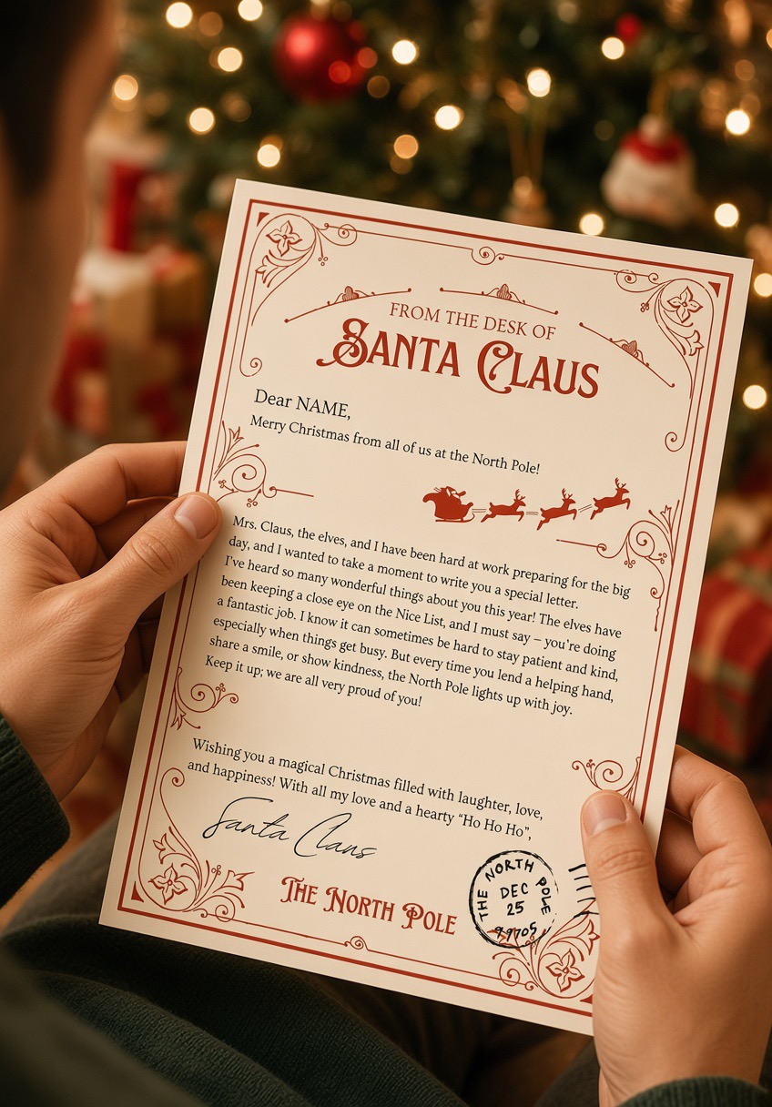 A personalised Letter from Santa held beside a Christmas tree